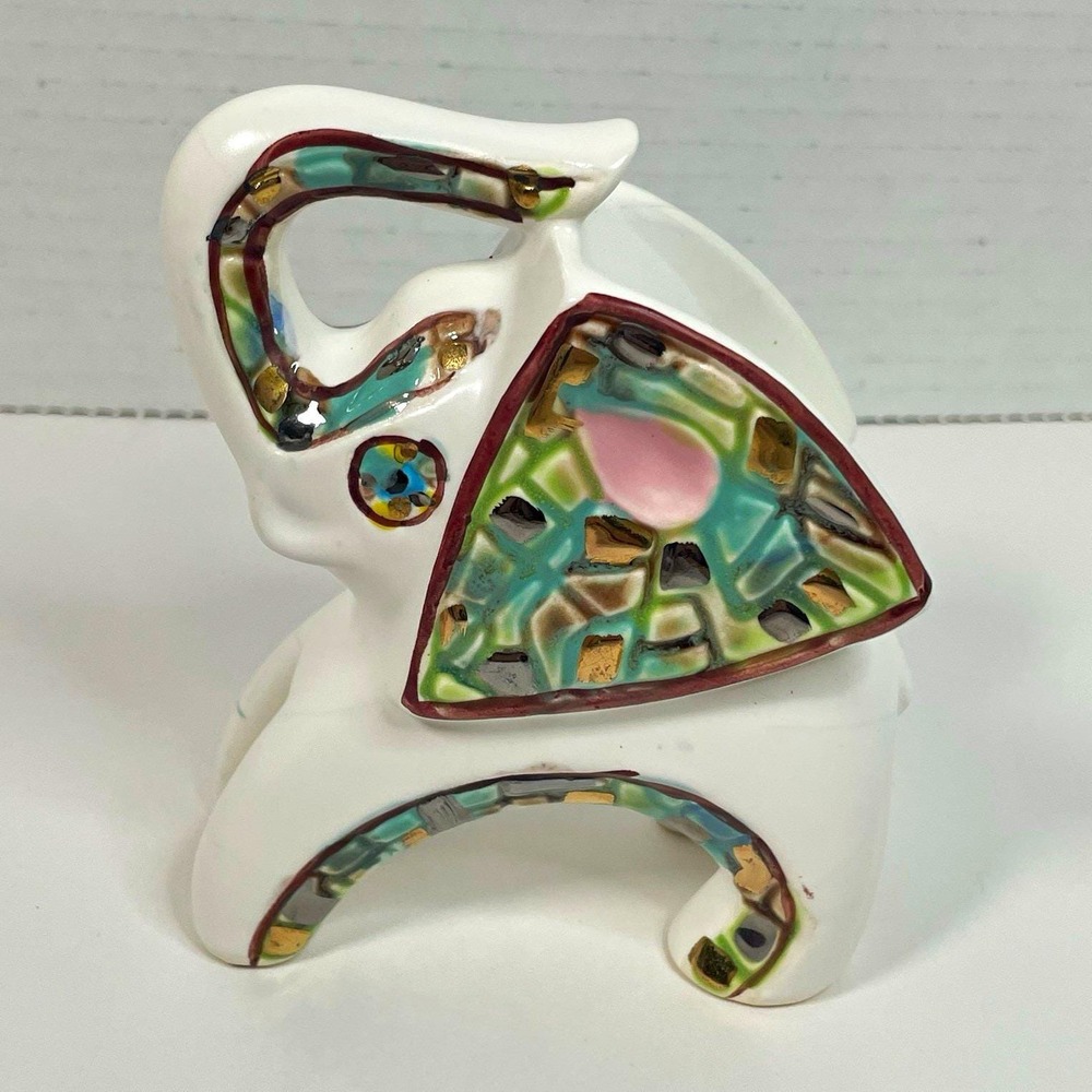 Vintage Boho Ceramic Elephant Figurine Trunk Up White Mosaic Pastel Gold Lucky